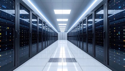 A long, brightly lit server room with rows of black server racks on either side, a white floor, and a perspective that leads to the far end of the room