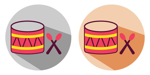 Set of drum vector, icon with shadow. Colourful drum sticks silhouette sign symbol design. Simple musical instrument sign symbol. Vector illustration.