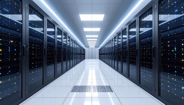 A long, brightly lit server room with rows of black server racks on either side, a white floor, and a perspective that leads to the far end of the room