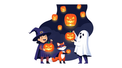 Enchanted Halloween Gathering: A charming Halloween illustration showcases a group of whimsical characters, including a witch, a fox in a cape, and a ghost.