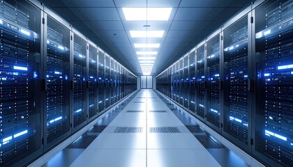 A long, brightly lit server room with rows of tall, dark metal server racks on either side of a clean, tiled floor, creating a symmetrical and technological atmosphere