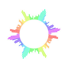Dynamic circular sound wave equalizer with vibrant rainbow spectrum pulsates with digital energy, perfect for audio tech and music visualization