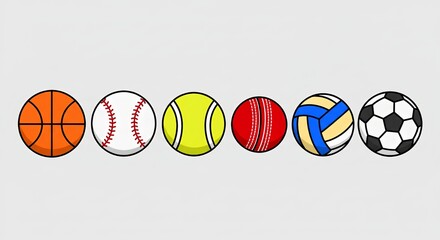 Set of colorful sports balls illustration including basketball, baseball, tennis ball, cricket ball, volleyball, and soccer ball on white background. Perfect for sport