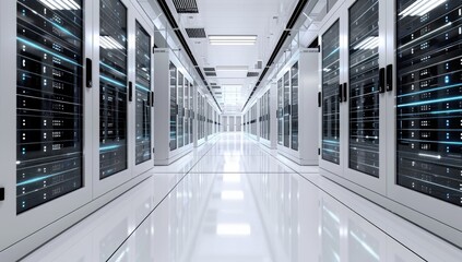 A long, brightly lit server room with rows of tall, sleek server cabinets on either side, and a highly polished floor reflecting the light