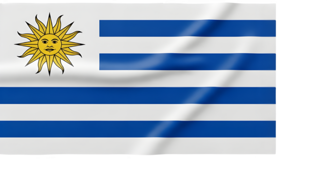 Waving flag of uruguay isolated on transparent background, a symbol of patriotism