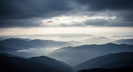 Fototapeta premium Misty Mountain Peaks Under Dramatic Stormy Clouds Landscape