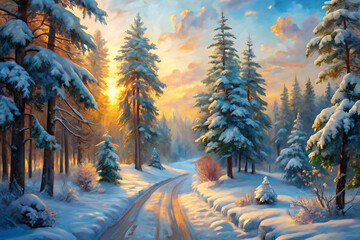 Snowy forest road at sunrise with warm golden light filtering through pine trees winter isolated on a transparent background