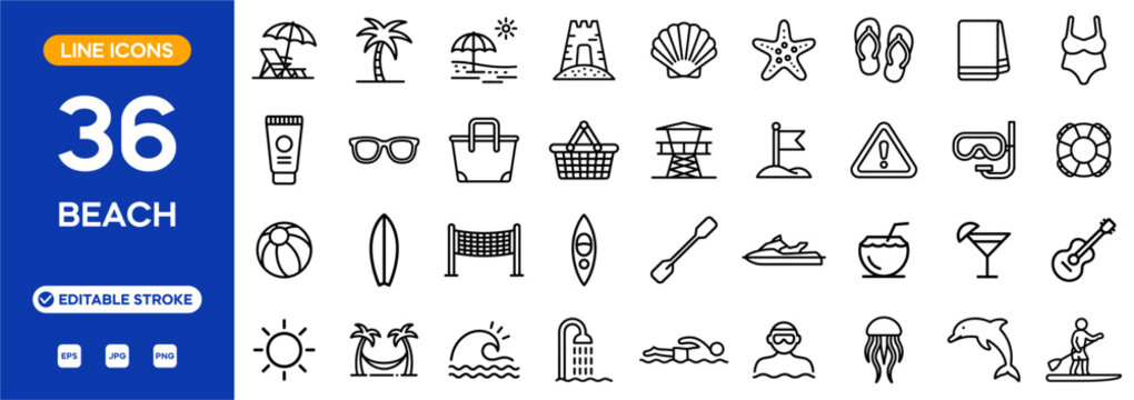 Beach line icon set. Summer & seaside related line icons: umbrella, palm tree, sunglasses, flip-flop, shell, surfboard, drink, wave, dolphin, and more. Editable stroke. Vector illustration