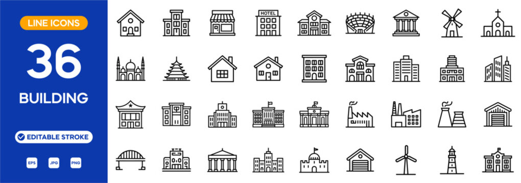 Building line icon set. Architecture and construction related line icons: house, office, bank, school, church, temple, museum, hospital, hotel, factory, and more. Editable stroke. Vector illustration.