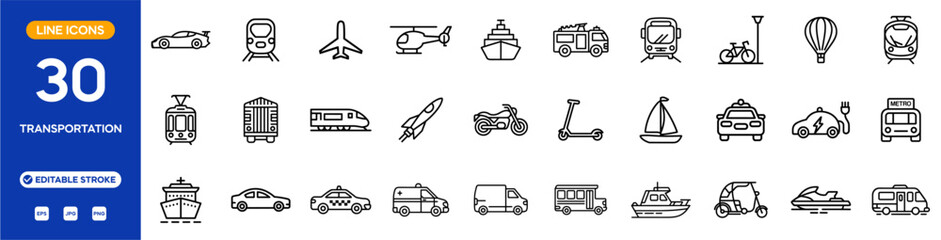Transportation line icon set. Travel and vehicle related line icons: car, train, airplane, bus, ship, scooter, bicycle, and more. Editable stroke. Vector illustration.
