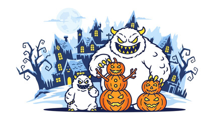 Spooky Halloween Night: Festive Halloween illustration featuring cartoon monster characters, smiling carved pumpkin and spooky house in the dark night. 