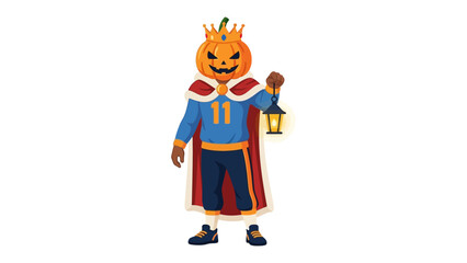 Pumpkin King: A whimsical illustration of the Pumpkin King, with a jack-o'-lantern for a head, dressed in regal attire, holding a lantern, perfect for Halloween. © Nusaybah