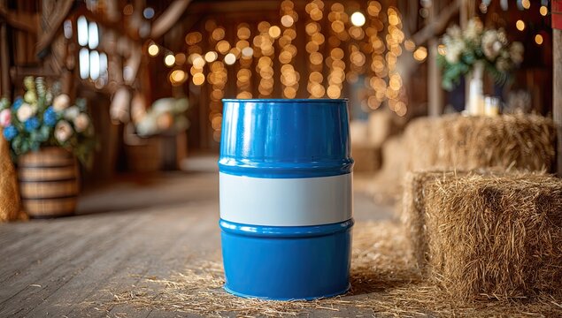 Blue barrel with blank label inside rustic barn setting, hay bales, lights