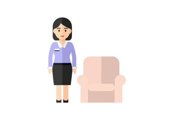 Professional secretary standing near armchair concept illustration for business presentations or corporate designs ideal for website banner or marketing campaign advertisement