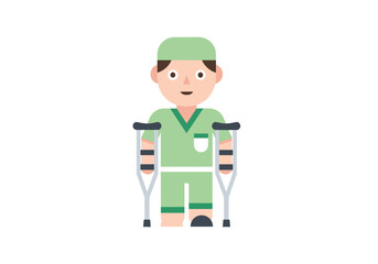 Doctor or nurse character walks with crutches medical health treatment recovery support healthcare, perfect for presentations and health campaigns
