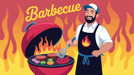 Colorful illustration of man grilling food on barbecue with flame apron, vibrant summer cookout scene with meats, veggies, and cheerful vibe