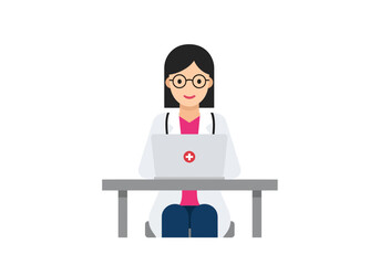 Modern female doctor using laptop computer at desk for telemedicine health advice online