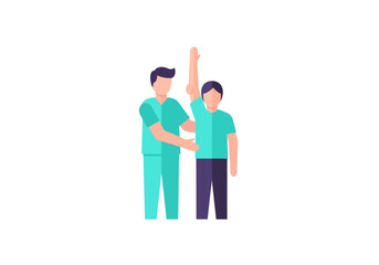 Physiotherapist assisting patient raising arm during rehabilitation session healthcare worker support recovery