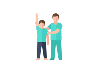 Professional physical therapist assisting a patient raising arm during rehabilitation session recovery exercise