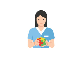 Healthcare professional holding a puzzle cube as a symbol of problem solving teamwork within the medical industry