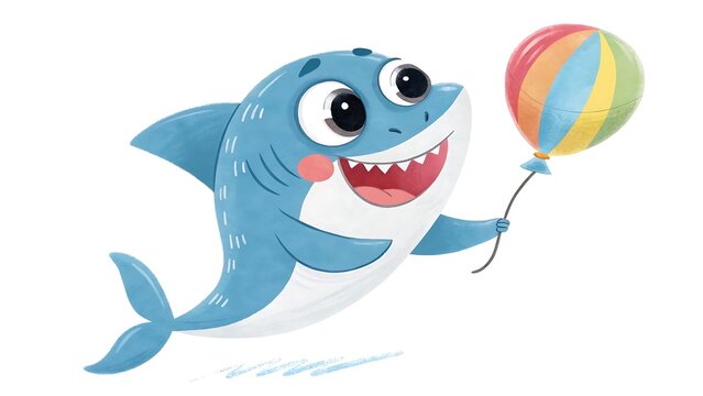Cheerful Cartoon Shark with a Colorful Balloon Illustration Depicting Joy Fun and Underwater Celebration Theme Children's Illustration