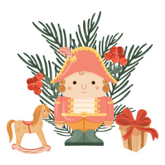Nutcracker, rocking horse, present box on the twigs background illustration
