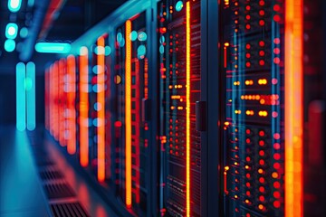 A long corridor of server racks glows with vibrant red and blue lighting, suggesting a high-tech data center environment.  The depth of field emphasizes the rows of equipment