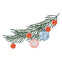 Twig with Baubles illustration, Branch and Christmas Baubles