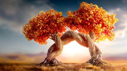 Two intertwined trees supporting each other in autumn, a metaphor for Team Collaboration, Organizational Change, and the necessity of mutual support during periods of corporate adjustment and growth.