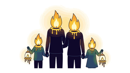 Candle Family in Unity: A tender depiction of a family united, their candle-flame heads illuminating the path forward, hand in hand, fostering a sense of warmth and togetherness.