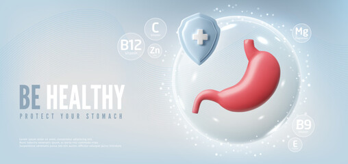 Be healthy protect your stomach 3D realistic banner vector design, digestive system internal organ, medical treatment