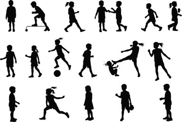 Naklejka premium Children silhouettes playing, walking, running, standing, and interacting in different poses vector illustration design isolated on white background