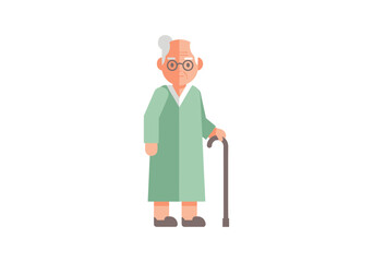 Obraz premium Grandfather or elderly man in green gown, walking with a wooden cane, health and assistance in flat modern vector design