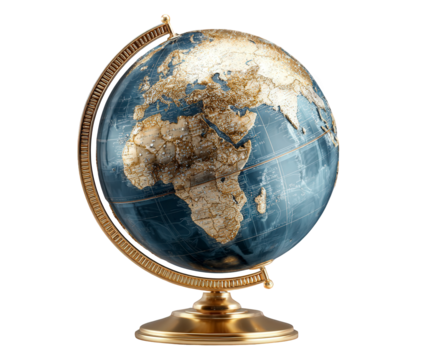 A detailed antique globe with a brass stand, showcasing continents and oceans, isolated on a transparent background, representing global knowledge and exploration