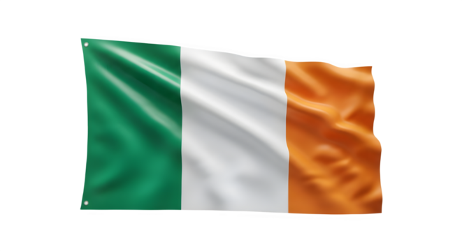 Waving flag of ireland isolated on transparent background, a symbol of irish pride