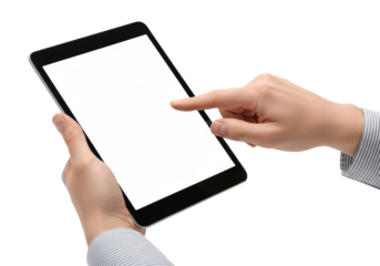 Caucasian hands hold sleek black tablet, index finger on blank white screen, striped shirt cuff, on transparent studio background with copy space. Digital tech interaction