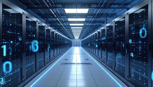 A long corridor of server racks in a data center, illuminated with blue lighting, showcasing digital numbers floating around the equipment, suggesting a high-tech and advanced digital environment