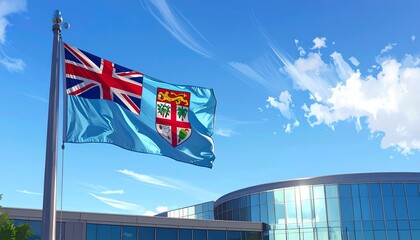 Vibrant Fijian flag proudly waves against a bright blue sky with wispy clouds, symbolizing national pride and international relations near modern architecture.