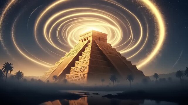 Ancient Mayan Pyramid bathed in golden light with swirling energy patterns above.