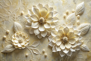 Textured background with three delicate cream-colored floral reliefs and pearl accents flower isolated on a transparent background