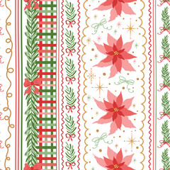 Christmas striped seamless pattern hand-drawn plaid, bows, flowers, stars, fir branches. Vector festive repeat background, New year print, cute winter holiday gift paper, wallpaper, textile design.