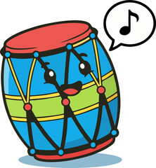 Cartoon Cute Drum Character with Music Note Speech Bubble, Colorful Blue Percussion Vector Illustration