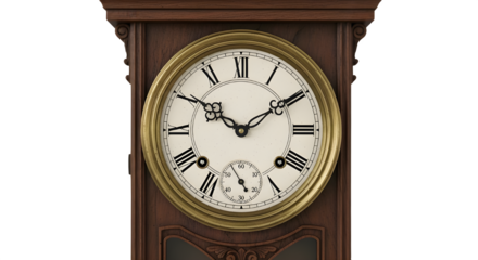 Antique pendulum clock isolated on transparent background, vintage time piece