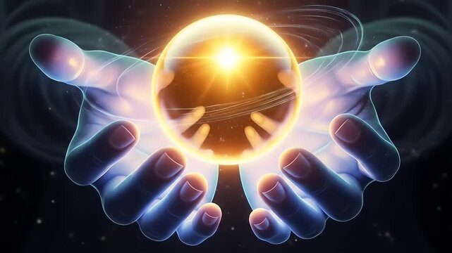 Two glowing hands holding a bright, radiant orb of light, symbolizing energy and magic.