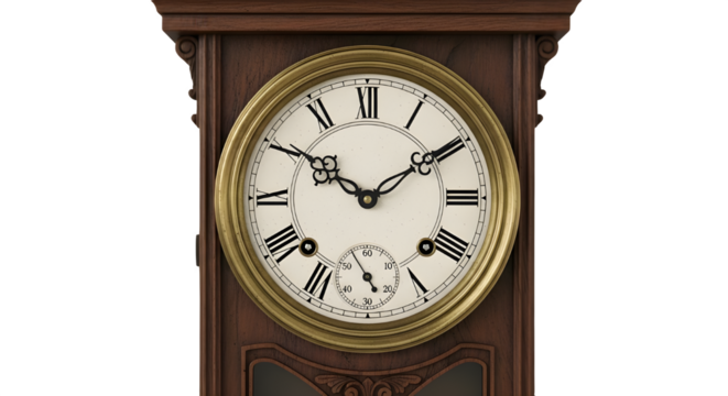 Antique pendulum clock isolated on transparent background, vintage time piece
