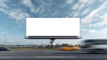 Blank outdoor billboard mockup on highway roadside with motion blurred cars, traffic, clear blue sky