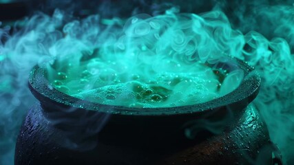 Eerie green smoke from bubbling cauldron creates mysterious atmosphere for Halloween witchcraft potion celebrations
