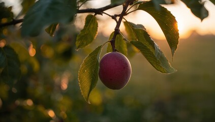 A vibrant, ripe plum hangs from a branch at sunset, bathed in warm golden light.