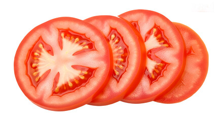 Tomato slices isolated on transparent background, arranged in a row