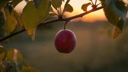 A single, ripe plum hangs from a branch at sunset, bathed in warm golden light.
